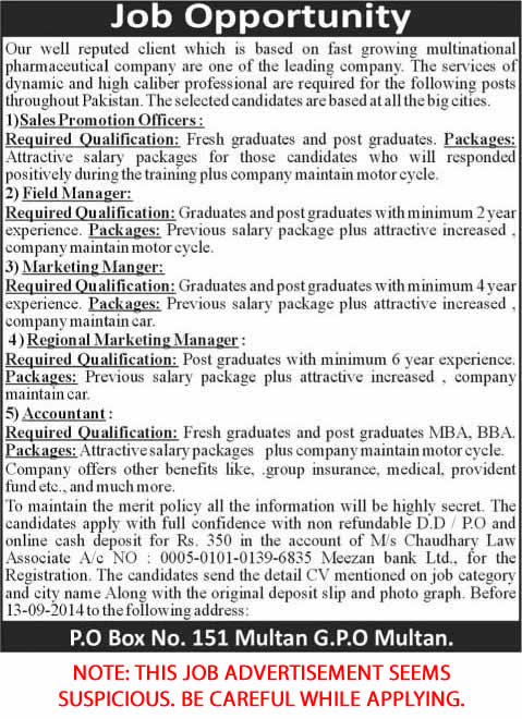 Pharmaceutical Sales and Marketing Jobs in Pakistan 2014 September Latest PO Box 151 GPO Multan