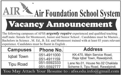Air Foundation School System Rawalpindi Jobs 2014 September for Teaching Faculty