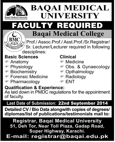 Baqai Medical College Karachi Jobs 2014 September for Medical Faculty
