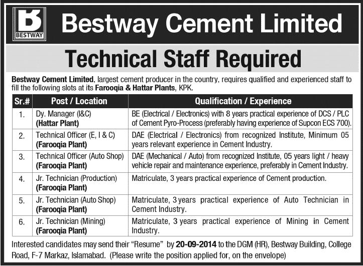 Bestway Cement Jobs September 2014 for Engineers & Technical Staff at Farooqia / Hattar Plants