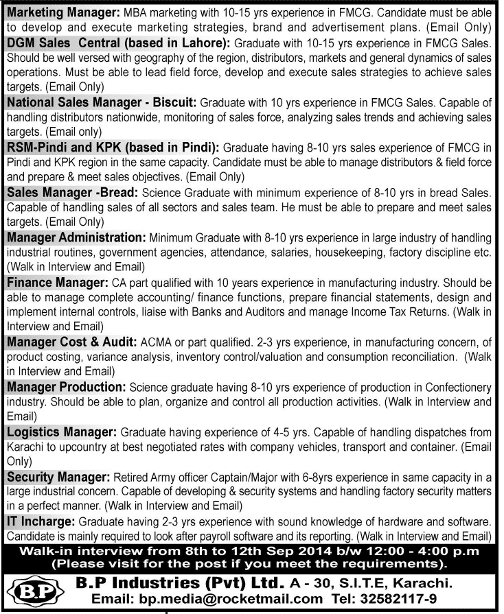 BP Industries Pvt. Ltd Jobs 2014 September for Marketing / Sales & Admin Staff