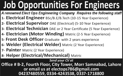 Electrical Engineers, Electrician, Welder, Painter & Receptionist Jobs in Lahore 2014 September