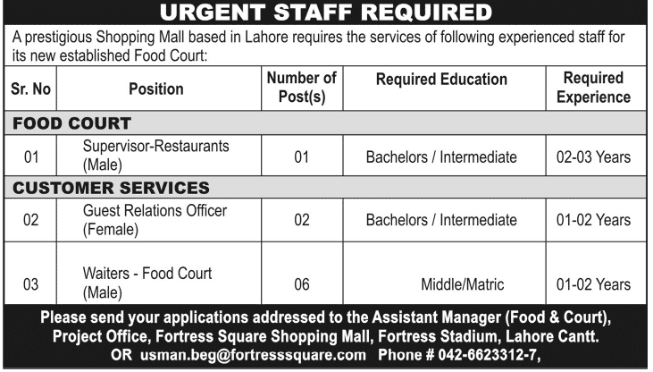 Restaurant Supervisor, Guest Relations Officer & Waiter Jobs in Lahore 2014 September at Fortress Square Mall