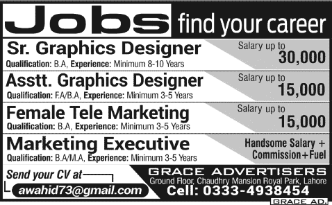 Graphics Designers, Telemarketing & Marketing Executive Jobs in Lahore 2014 September at Grace Advertisers