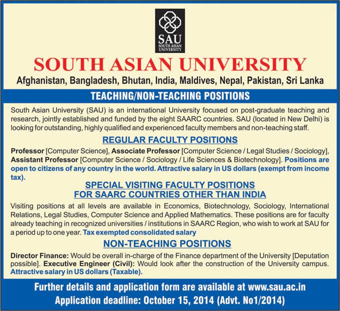 South Asian University New Delhi Jobs 2014 September for Teaching Faculty & Non-Teaching Positions