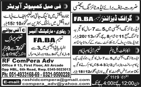 Graphic Designer, Accountant, Computer Operator, Office Boy & Marketing Officer Jobs in Rawalpindi 2014 September