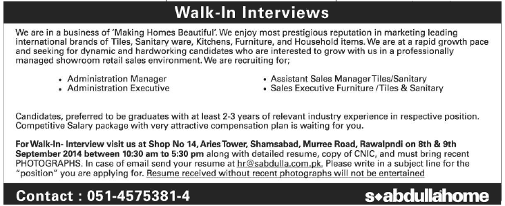 S Abdulla Home Rawalpindi Jobs 2014 September for Administrative & Sales Staff