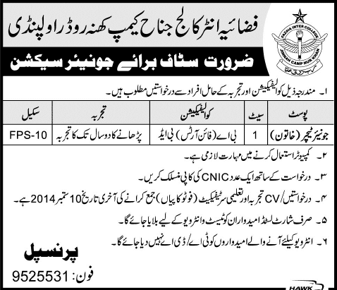 Female Teaching Jobs in Rawalpindi 2014 September at Fazaia Inter College Jinnah Camp