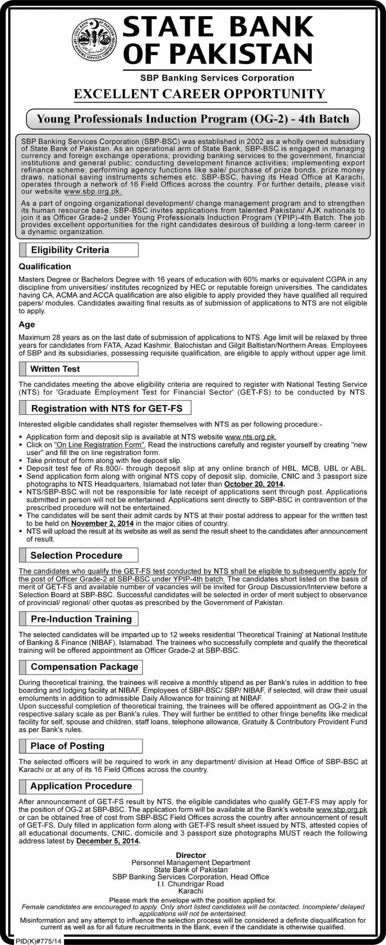 State Bank of Pakistan Jobs 2014 September / October SBP Young Professionals Induction Program