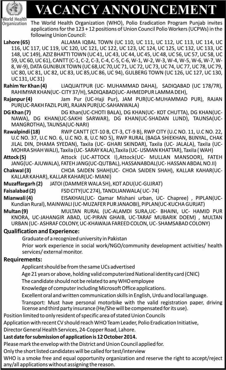 WHO Pakistan Jobs 2014 September / October for Polio Eradication Program Punjab