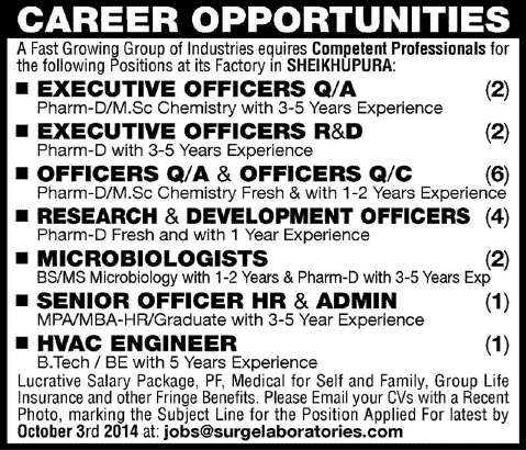 Jobs in Surge Laboratories Pvt. Ltd Sheikhupura 2014 September / October