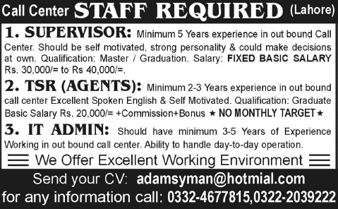 Call Center Jobs in Lahore 2014 September / October for Supervisor, Call Center Agents & IT Admin