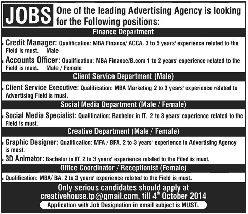 Advertising Agency Jobs in Lahore 2014 September / October Accounts / Services Staff & Others