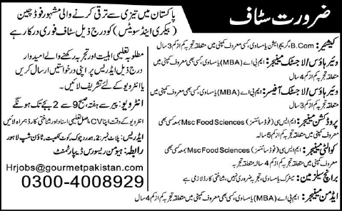 Gourmet Bakers Lahore Jobs 2014 September / October Latest