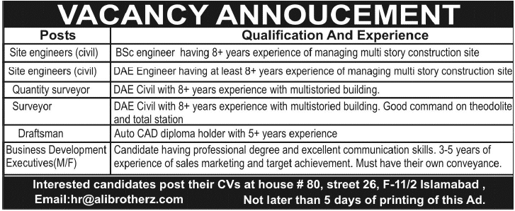 Civil Engineers, Draftsman & Marketing Jobs in Islamabad 2014 September / October Ali Brothers