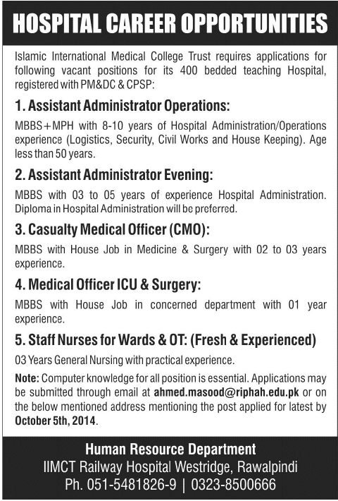 Railway Hospital Rawalpindi Jobs 2014 September / October IIMCT for Medical & Admin Staff