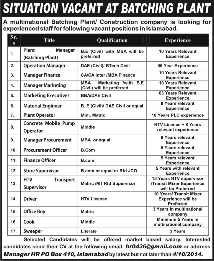 Construction Company Jobs in Islamabad 2014 September / October at Multinational Batching Plant