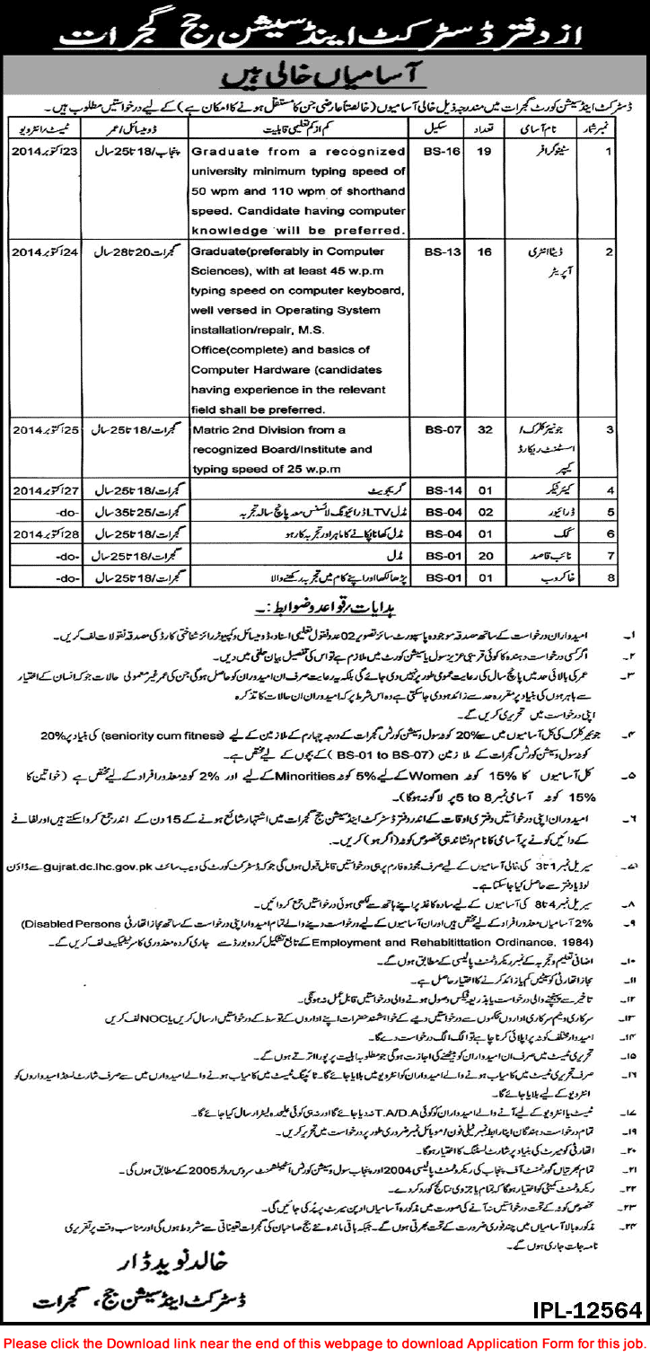 District & Session Court Gujrat Jobs 2014 September Application Form & Test / Interview Schedule