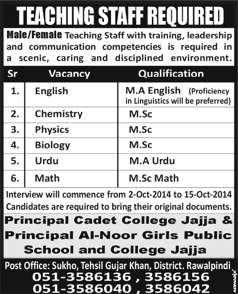 Teaching Jobs in Gujar Khan 2014 October Latest at Cadet College Jajja & Al-Noor Girls School