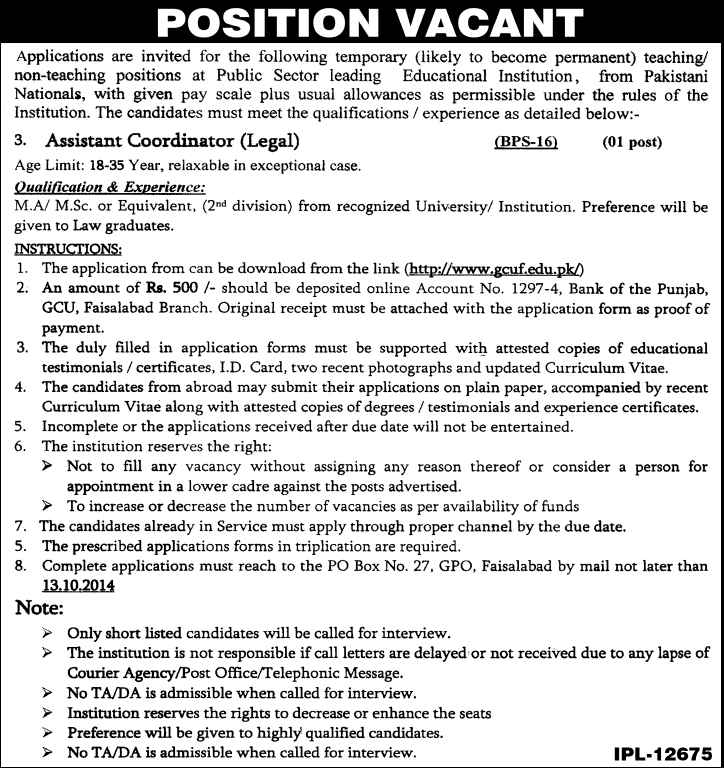 Law Graduate Jobs in Pakistan 2014 October Legal Assistant Coordinator at GC University Faisalabad