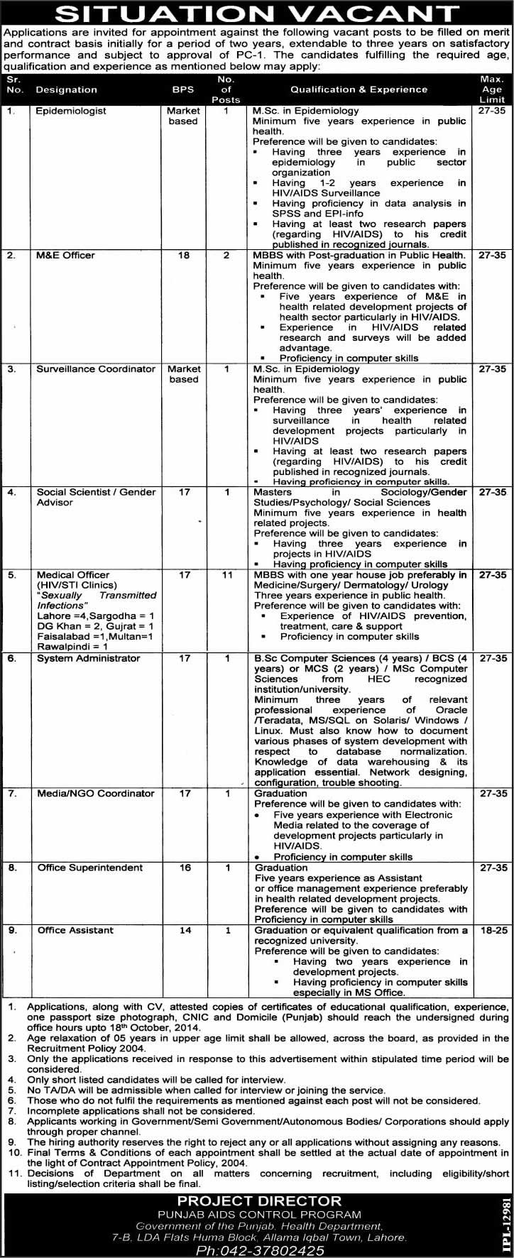 Punjab Aids Control Program Lahore Jobs 2014 October Latest Health Department