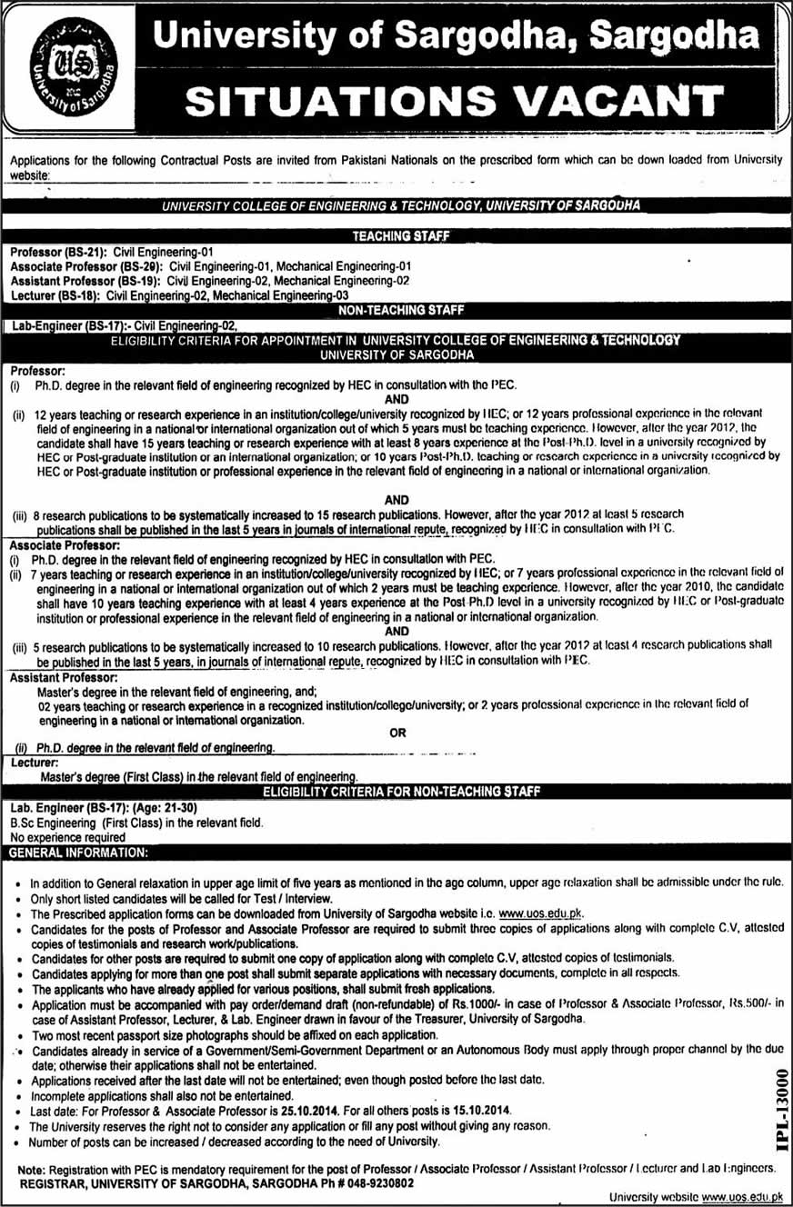 University of Sargodha Jobs October 2014 Teaching Faculty & Civil Lab Engineer