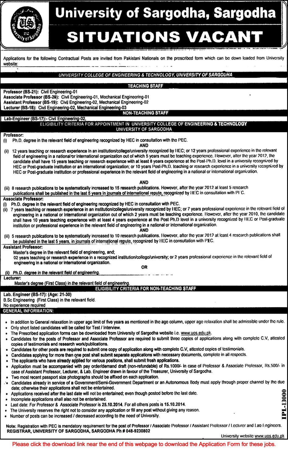 University of Sargodha Jobs 2014 October Teaching Faculty for Civil & Mechanical Engineering