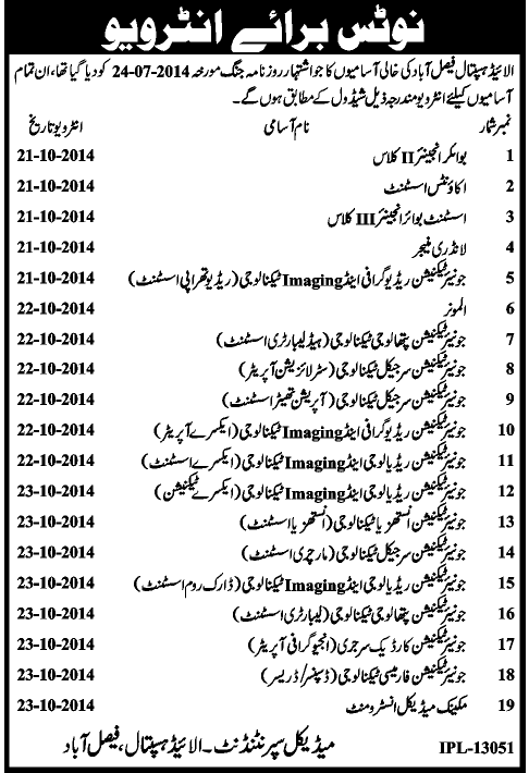 Allied Hospital Faisalabad Jobs 2014 October Interview Schedule / Date