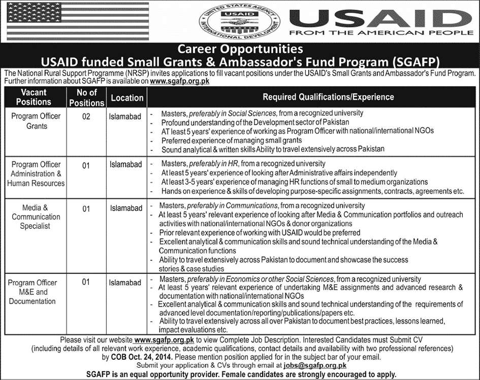USAID Small Grants & Ambassador's Fund Program Islamabad Jobs 2014 October NRSP