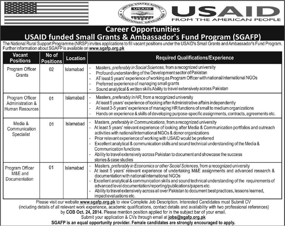 National Rural Support Program Jobs 2014 October in Islamabad for USAID SGAFP