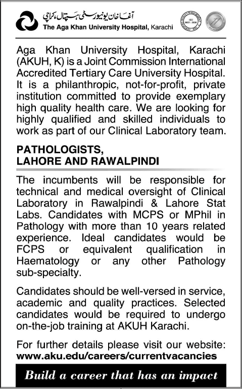 Pathologist Jobs in Lahore & Rawalpindi 2014 October Latest at Aga Khan University Hospital Lab