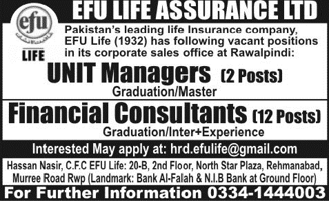 EFU Life Insurance Rawalpindi Jobs 2014 October Financial Consultants & Unit Managers