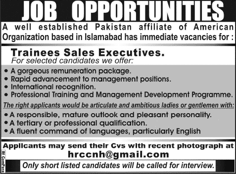 Trainee Sales Executive Jobs in Islamabad 2014 October Pakistan Latest / New