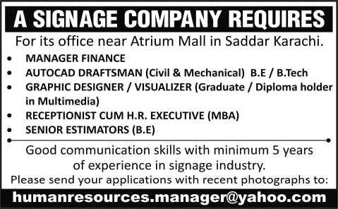 Jobs in Karachi October 2014 Manager Finance, Draftsman, Graphic Designer, Receptionist, HR & Estimators