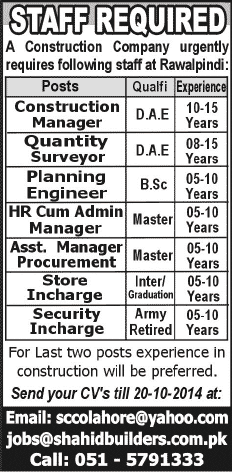 Construction Company Jobs in Rawalpindi 2014 October Latest at Shahid Builders