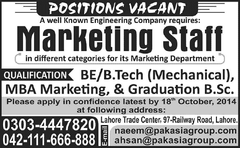 Marketing Jobs in Lahore October 2014 for Mechanical Engineers, MBA Marketing & B.Sc. Graduates