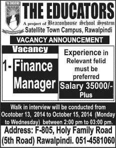 Finance Manager Jobs in Rawalpindi 2014 October Latest at The Educators School