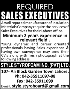 Sales Executive Jobs in Lahore 2014 October Latest at Style Styrofoam Industry