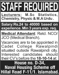 Lecturers & Medical Attendant Jobs in Cadet College Rawalpindi 2014 October