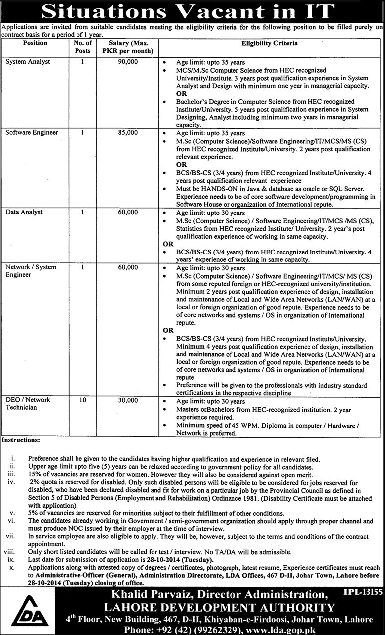 Lahore Development Authority Jobs 2014 October DEO / Network Technicians & IT Staff Latest