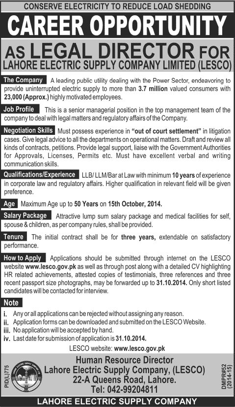 LESCO Jobs for Legal Director 2014 October Latest