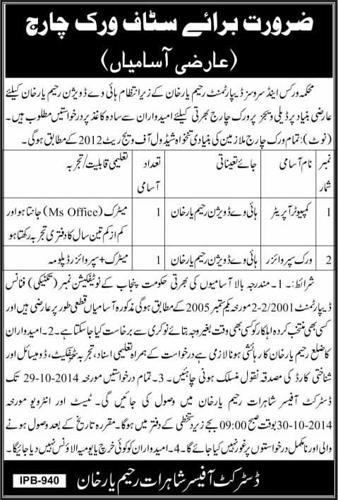 Computer Operator & Work Supervisor Jobs in Rahim Yar Khan 2014 October Works & Services Department