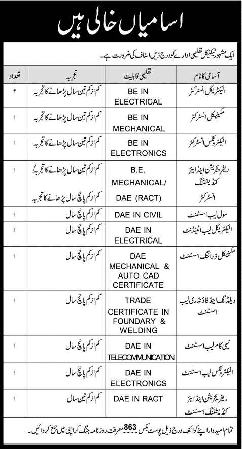 Engineering Instructors & Lab Assistant Jobs in Karachi 2014 October for Technical Education Institute