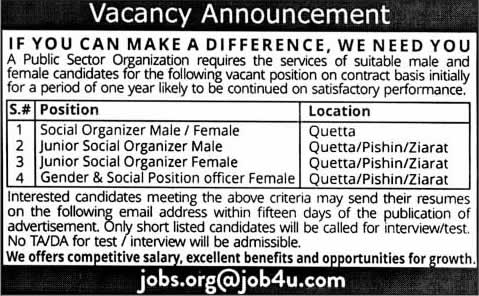 Social Organizers and Gender & Social Position Officer Jobs in Balochistan 2014 October