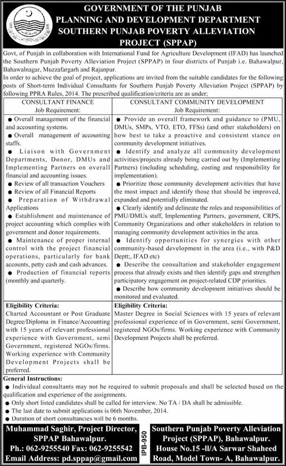 Southern Punjab Poverty Alleviation Project Bahawalpur Jobs 2014 October for Consultants