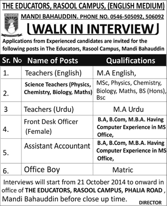 The Educators Mandi Bahauddin Jobs 2014 October for Teaching Faculty & Admin Staff