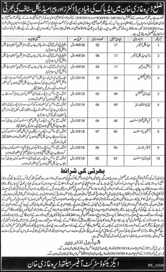 Health Department Dera Ghazi Khan Jobs 2014 October Medical Officers & Paramedical Staff