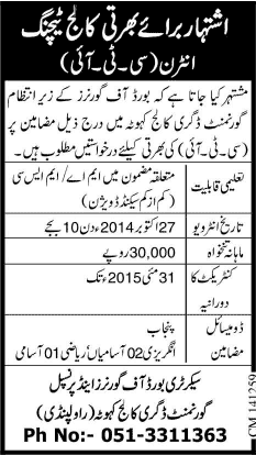 Teaching Jobs in Government Degree College Kahuta Rawalpindi 2014 October College Teaching Interns