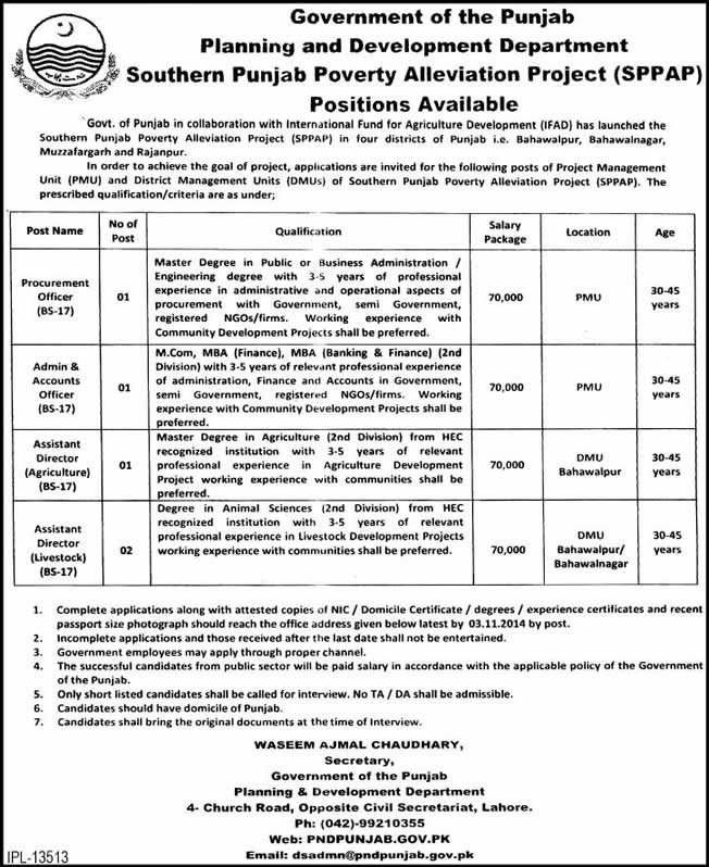 Planning and Development Department Punjab Jobs 2014 October SPPAP Project