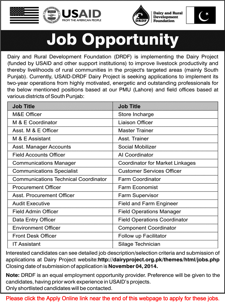 Dairy and Rural Development Foundation Jobs 2014 October / November USAID DRDF Apply Online